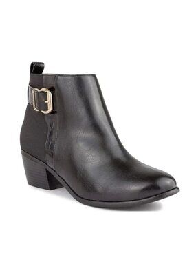London Fog Harmony Bootie 9 M Black Faux Leather Stacked Heel Ankle Boot New